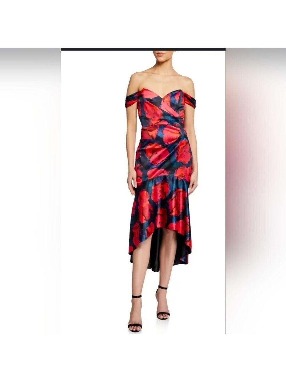 PARKER BLACK WOMEN'S CESARINA PRINTED SATIN OFF-THE-SHOULDER HIGH-LOW GOWN, 0